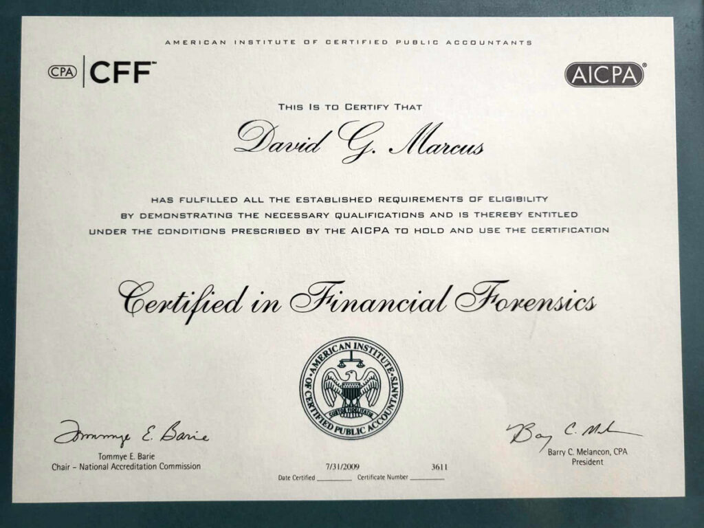 A document certifying David G. Marcus in financial Forensics in El Paso.