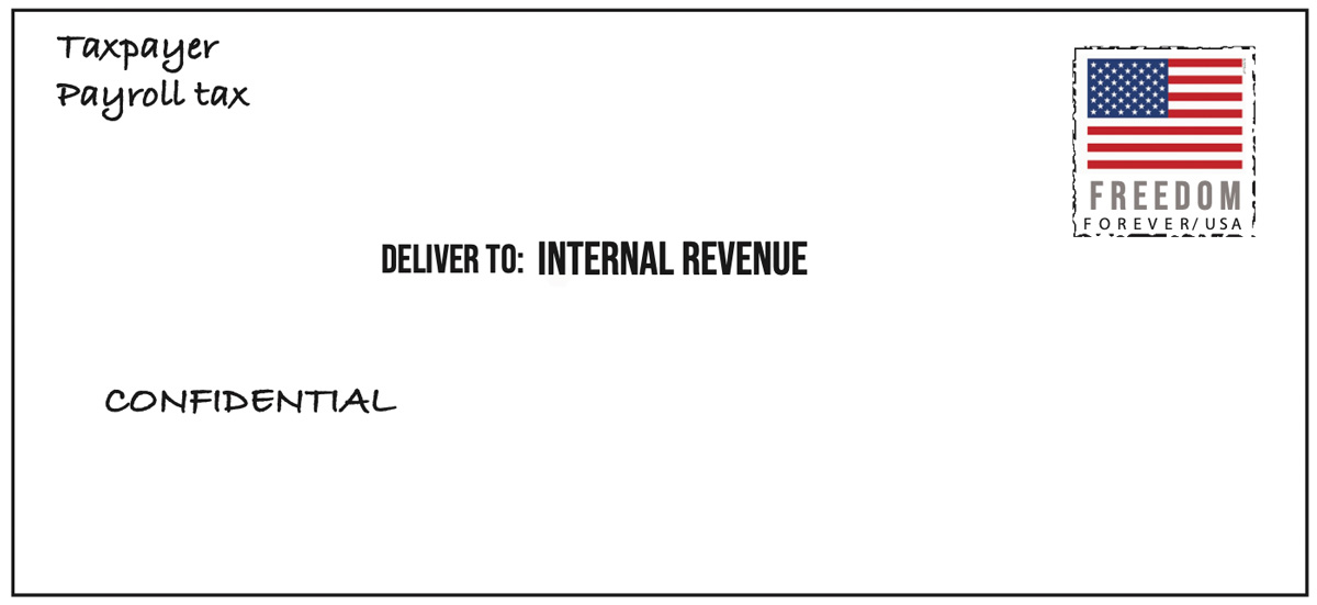 A graphic of an envelope with an American flag stamp.